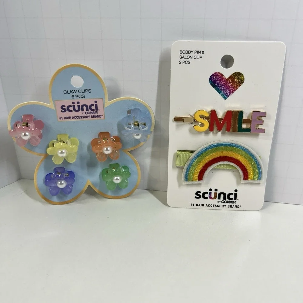 Scunci Hair‎ Clips Bobby Pins Rainbow Smile Pastel Flower Pearl Clips